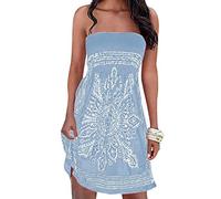 Damen Sommer Bandeau schulterfrei Flora Muster bunt Boho-Stil Casual Mini Strandkleider(GY,XL)