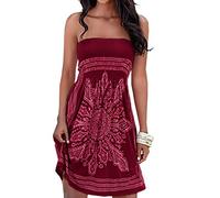 Damen Sommer Bandeau schulterfrei Flora Muster bunt Boho-Stil Casual Mini Strandkleider(WR,L)