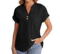 Damen Sommer Baumwolle Leinen Flügelärmel T-Shirt Knopf V Ausschnitt Tunika Tops Lounge Baggy Solide Einfarbig Freizeithemden Lose Bequeme Trendige Bluse mit Taschen Leichte Slim Fit Kleid Hemd
