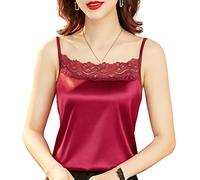 Damen Sommer Bluse Ärmellose, Frauen Rote Seide Satin Leibchen Weste Hohle Spitze Blumen Nähen Sexy Spaghetti Mode Hemd Elegant Cami Tanktops Sommer Lässig Ärmellose Oberteile T-Shirt Bluse,Rot,S