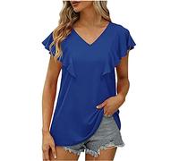 Damen Sommer Bluse Tshirt Elegant Einfarbig Oberteile Kurzer Ärmel T-Shirt V-Ausschnitt Tee Tops Locker Pullover Basic Shirt Tunika All Match Pulli T-Shirts Slim Fit Blusentops Longbluse für Frauen