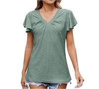 Damen Sommer Bluse Tshirt Lässige Einfarbig Oberteile Kurzarm V-Ausschnitt T-Shirt Pullover Locker Casual Tee Tops Leichte Shirt Tunika Fitness Pulli Freizeit T Shirts Longtops Longbluse für Frauen