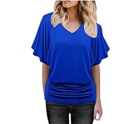 Damen Sommer Bluse Tshirt Retro Einfarbig Oberteile Kurzärmeliges V-Ausschnitt T-Shirt Pullover Locker Tee Tops Basic Tunika All Match Pulli Shirt Slim Fit T Shirts Blusentops Longshirt für Frauen