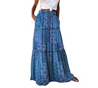 Damen Sommer Boho Maxi Midi Rock Elastisch Hohe Taille Plissee A-Linie Flowy Swing Langer Maxi Rock mit Taschen