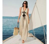 Damen Sommer Boho Urlaubs Casual Kontrastfarben Schleife Ärmellos Lang Weste und Weite Bein Hose 2-Teiliges Set
