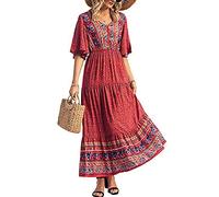 Damen Sommer Casual Maxikleid Bohemian Floral V Ausschnitt Puff Kurzarm Ethnischer Stil Strand Gestuftes Sommerkleid Langes Swing Kleid, rot, Medium
