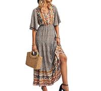 Damen Sommer Casual Maxikleid Bohemian Floral V Ausschnitt Puff Kurzarm Ethnischer Stil Strand Gestuftes Sommerkleid Langes Swing Kleid, gelb, L