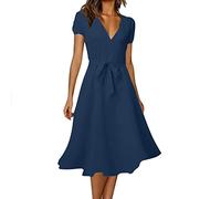 Damen Sommer Cocktailkleid Elegant,Kleid Blau Sommer Elegant Kleid Trägerlos A-Line Swing Sommerkleid Musselin Damen Knielang Midi Kleid A Linie Damen