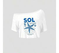 Damen Sommer Crop Top mit asymmetrischer Schulter, Y2K Stil weißes verkürztes T-Shirt mit Meereslebewesen-Motiven wie Seepferdchen, Seesterne und Musc