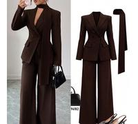 Damen Sommer Dunkelbraun Reverskragen Blazer, Weite Hose Schal 3-teiliges Anzugset - Elegant Professionell Lässig Reif Büro Business Arbeit Party