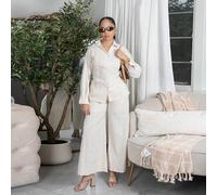 Damen Sommer einfarbige plissierte Bluse & weite Hose Lässig Anzug aus Leinen, Damen Zweiteiler