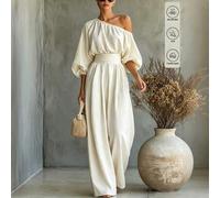 Damen Sommer Frühherbst Neuer französischer Urlaubsstil Asymmetrischer Ausschnitt Puffärmel Taillierter Jumpsuit mit weitem Bein, Beige strukturierter