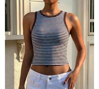 Damen Sommer gestreiftes strukturiertes Rundhals Tanktop, lässiges kurzes figurbetontes Yoga Top für Städtetrip, süßes nautisches Strandurlaub Bootfah