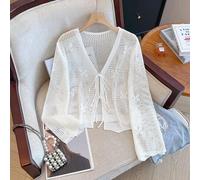 Damen Sommer Hohlstrick Binden-Vorne Strickjacke, modisch elegante Schmetterlings-Muster charmante vielseitige Bluse Frühling Weiß