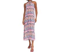 Damen Sommer-Kleid Neckholder-Kleid mit farbenfrohen Allover-Print ärmelloses Maxi-Kleid 968836 Rosa/Orange/Schwarz 42