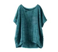 Damen Sommer Kurzarm Solid Casual Lose Leinen Top Baumwolle Langarm Shirts für Frauen, grün, 5XL