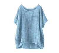 Damen Sommer Kurzarm Solid Casual Lose Leinen Top Baumwolle Langarm Shirts für Frauen, himmelblau, XXL