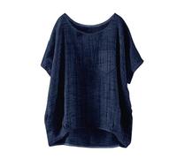 Damen Sommer Kurzarm Solid Casual Lose Leinen Top Baumwolle Langarm Shirts für Frauen, navy, XL