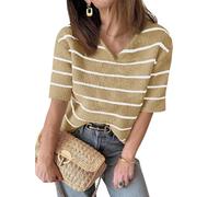 Damen Sommer Kurzarm Strickpullover mit V-Ausschnitt Gestreifter Outfit T-Shirt lockerer Schnitt modischer Freizeit Pullover 2025