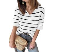 Damen Sommer Kurzarm Strickpullover mit V-Ausschnitt Gestreifter Outfit T-Shirt lockerer Schnitt modischer Freizeit Pullover 2025