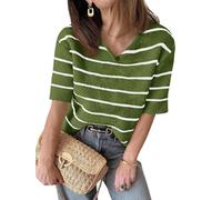 Damen Sommer Kurzarm Strickpullover mit V-Ausschnitt Gestreifter Outfit T-Shirt lockerer Schnitt modischer Freizeit Pullover 2025