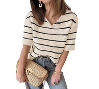 Damen Sommer Kurzarm Strickpullover mit V-Ausschnitt Gestreifter Outfit T-Shirt lockerer Schnitt modischer Freizeit Pullover 2025