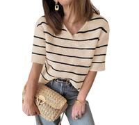 Damen Sommer Kurzarm Strickpullover mit V-Ausschnitt Gestreifter Outfit T-Shirt lockerer Schnitt modischer Freizeit Pullover 2025