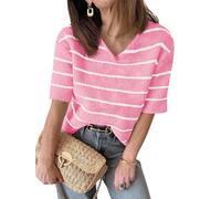 Damen Sommer Kurzarm Strickpullover mit V-Ausschnitt Gestreifter Outfit T-Shirt lockerer Schnitt modischer Freizeit Pullover 2025