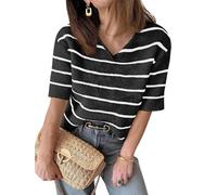 Damen Sommer Kurzarm Strickpullover mit V-Ausschnitt Gestreifter Outfit T-Shirt lockerer Schnitt modischer Freizeit Pullover 2025
