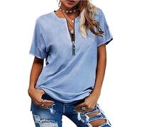 Damen Sommer Kurzarm T-Shirts mit Reißverschluss Freizeithemden lockere Passform Oberteile Hemd kurzärmelige Oberteile V-Ausschnitt Reißverschluss T-Shirts lockeres lässiges T-Shirt Oberteil S-XXL