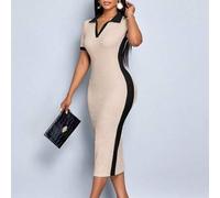 Damen Sommer Lässig Elegant simples Basic Neu Kragen V-Ausschnitt Kurzarm Slim Lang Rock Schwarz und Apricot farblich abgestimmtes Strickkleid aus Mid