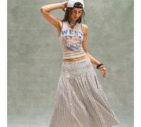 Damen Sommer Lässig Urlaub gestreifter locker sitzender Schlitz Creme A-Linien Rock, Sommer für Damen, freier und entspannter Stil, Fasching Damenkost