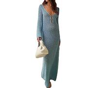 Damen Sommer Lang Gestricktes Maxikleid Langarm Durchsichtig Mesh Cover Up Kleid Fischnetz Aushöhlen Strand Bademode Beachwear, hellblau, 42