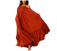 Damen Sommer Maxikleid Rüschen Spaghettiträger-Kleid Locker Sommerkleid Lang Elegant A Linie Kleid Frauen Weite Kleider Maxi Sommerkleider Leicht Und Luftig Strandkleid Rückenfrei Schnürung