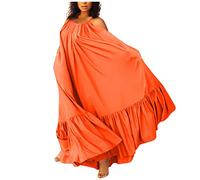 Damen Sommer Maxikleid Rüschen Spaghettiträger-Kleid Locker Sommerkleid Lang Elegant A Linie Kleid Frauen Weite Kleider Maxi Sommerkleider Leicht Und Luftig Strandkleid Rückenfrei Schnürung