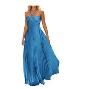 Damen Sommer Maxikleid, Sexy Boho Trägerloses Kleid, Wickelausschnitt Rückenfrei Cut Out, Fließendes Plisseekleid mit Bindeband für Urlaub Hochzeit(Blue,X-Large)