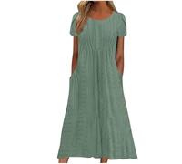 Damen Sommer Midikleid Kurzarm Lässig Strandkleid Lang Elegant Sommerkleid Knielang Tunika Kleider Luftig Leicht Shirtkleid mit Taschen Freizeitkleid Hohe Taille A Linie Kleid für Frauen
