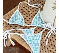 Damen Sommer Neu Blau & Weiß Kariert Neckholder Binden Modisch Lässig Elegant Sexy Strand Urlaub Party Bikini Badeanzug Set Urlaub
