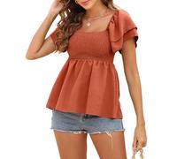 Damen-Sommer-Oberteil mit Schößchen, quadratischer Ausschnitt, Rüschenbesatz, kurzärmelig, gesmoktes Top, elegante Freizeithemden, Orange/Abendrot im Zickzackmuster (Sunset Chevron), X-Groß