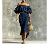 Damen Sommer Off-Shoulder Puffärmel Crop Top + Hochbund asymmetrischer Schlitz Rock Set, Leinenstil schlankmachend elegant Pendeln Urlaub 2-teiliges O