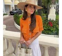 Damen Sommer Orange Kurze Ärmel Crop Strick Cardigan, Rundhals Slim Casual Elegant Chic Bluse, Abschluss, Muttertag, Festival, Party, Strandoutfit