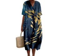 Damen Sommer Ozeanfisch Rote Hummer Kleider mit Blumendruck V-Ausschnitt Kurzarm Fließend Boho Casual Strand T-Shirt Kleid