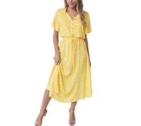 Damen Sommer Polka Dot Print Hemdkleid Vintage Kurzarm Button Down Rüschen Hohe Taille Swing Midi Kleid, Muster: F, X-Large