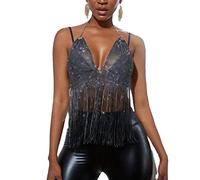 Damen-Sommer-Quasten-Sling-Weste, Ärmellos, Hängender Hals, Mesh-Strasssteine, Quaste, Nachtclub-Unterhemd, Große Größe, Sexy V-Ausschnitt, Bauchfreies Oberteil, Korsett-Bh, Sommer, Schwarz, L
