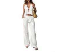 Damen-Sommer-Reise-Outfit, 2-teiliges Set, V-Ausschnitt, Neckholder-Top, lockeres weites Bein, Hose, Urlaub, Strandmode, lässiger passender Anzug (weiß, M)