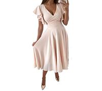 Damen Sommer Rüschen Kurzarm Kleid V-Ausschnitt Midi Kleider, Sommerkleid Cocktailkleid Partykleid Hohe Taille Minikleid Wickelkleid, apricot-L