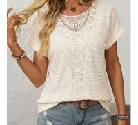 Damen Sommer Rundhals Off-Shoulder Spitzen-Patchwork Strukturiertes Karomuster Lässig Urlaubs T-Shirt