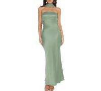 Damen Sommer Satin Trägerlos Tube Top Maxikleid Elegant Seide Rückenfrei Neckholder Formelle Partykleider Hochzeitsgast