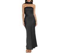 Damen Sommer Satin Trägerlos Tube Top Maxikleid Elegant Seide Rückenfrei Neckholder Formelle Partykleider Hochzeitsgast, Schwarz, Mittel