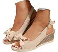 Damen Sommer Schleife Neigung Keilabsatz Offene Zehe Knöchelriemen Bequem Atmungsaktiv Freizeitkleid Sandalen Dicker Boden Wasserdicht (Mandel,37)